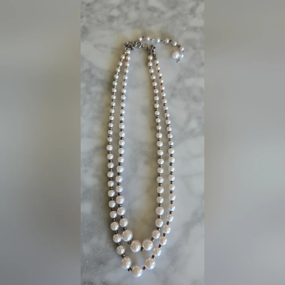 Faux‎ Pearls Silver Tone Beads Double Strand 8.5 In Necklace